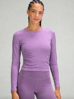 Lululemon All It Takes Cropped Long Sleeve Shirt Lavender Ruched Yoga Top Size 4